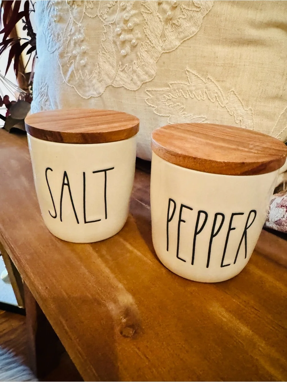 Rae Dunn Salt and Pepper Cellar Set with Wooden Lids, New in Box